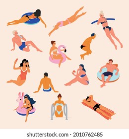 Conjunto de vectores para una fiesta de verano en diferentes bañadores aislados en vacaciones.