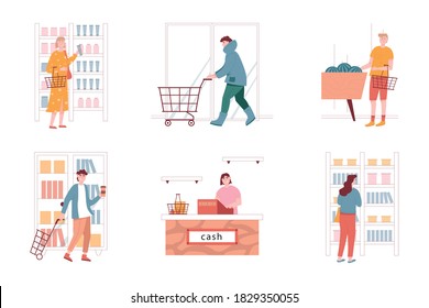 Vector set of people in supermarket store. Woman and man characters buy grocery. Isolated illustration. Woman takes cosmetics from shelves. Checkout counter, cashier