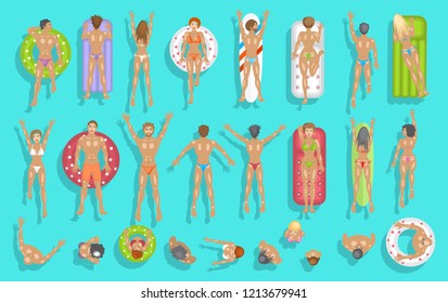 Vector set. People swim on inflatable circles, inflatable mattresses, surfboards. Top view. Summer time. Men and women swim in the ocean, sea, river, lake, water. View from above.