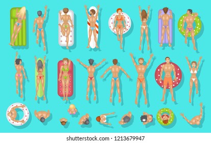 Vector set. People swim on inflatable circles, inflatable mattresses, surfboards. Top view. Summer time. Men and women swim in the ocean, sea, river, lake, water. View from above.