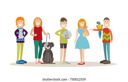 Vector set of people with their pets cat, dog, goldfish, rabbit and parrot cockatoo. Males and females pet owners flat style design elements, icons isolated on white background.