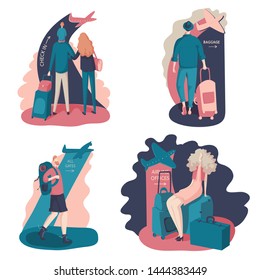 Vector set of people traveling. Flat man and woman couple in airport waiting for flight. Concept flight is delayed, trip and date characters. airport navigation