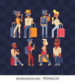 Vector set of people traveling. Pixel art. Waiting at the airport. Tourists characters. People traveling with suitcases. Woman and man holding phone ready for vacation travel at the airport.