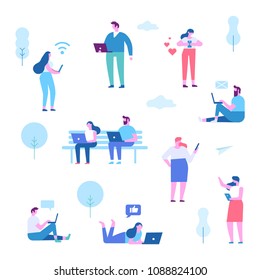 Vector Set of people using gadgets. Communication via Internet, chatting, social networking.Concept illustration of people addiction to networks and spending time in internet. Flat vector illustration