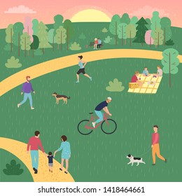 Vector set of people walking in a city park