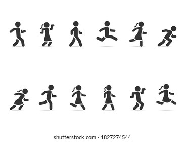 Vector set of people walking, running, jumping.