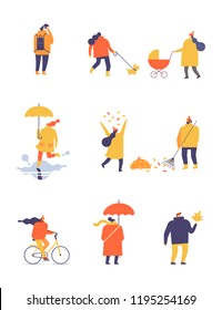 Vector set of people in warm autumn clothes. Girl throwing up yellow leaves, jumping through puddles, riding bicycle, walking with baby carriage. Man taking photo, cleaning leaves. Flat illustration.