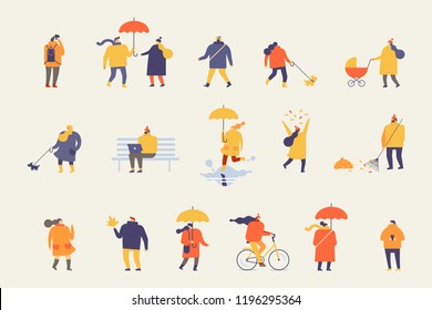 Vector set of people in warm autumn clothes. Men and woman having fun outdoors. Flat vector illustration isolated on white.