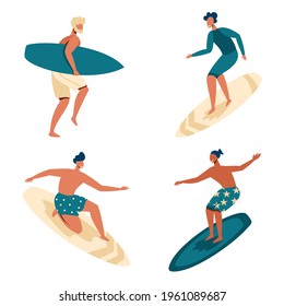 Vector set with people who surf. Young guys surfing. Extreme and summer sport. Flat illustration. 