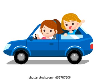 Vector Set Of People, Woman Driving Car With Company, Kid, Children In Back Seat.