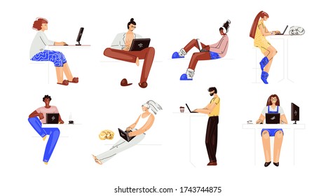 Vector set of people working on a laptop. Man and woman multiracial characters, working remotely at home collection. Remote work, home office character set.