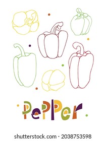 Conjunto vectorial de pimientos e inscripción. Aislado sobre fondo blanco. Ilustración para menú de restaurante, cosméticos, productos de salud, papel de envoltura, postales, publicidad, empaque.