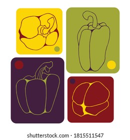 Vector set with peppers on color background. Flat style.
Illustration for wrapping paper, post cards, prints for clothes, and emblems.