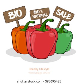 Vector set of Peppers with stylized cartoon look, with signs (bio, natural and sale)