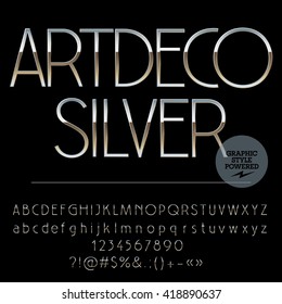 Vector Set Of Perfect Silver Alphabet Letters, Numbers And Punctuation Symbols. Art Deco Slim Style