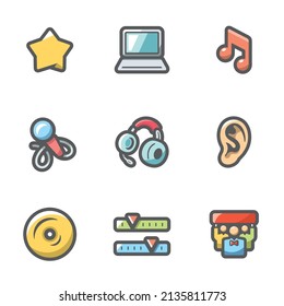 Vector Set of Perfomance Icons. Glory, Equipment, Hit, Performance, Listening, Album, Arrangement, Fans.