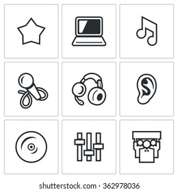 Vector Set of Perfomance Icons. Glory, Equipment, Hit, Performance, Listening, Album, Arrangement, Fans. Star, Notebook, Note, Microphone, Headphone, Ear, CD, Mixer, Spectator