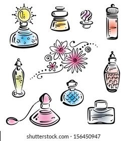 Vector set of perfume bottles, design elements.