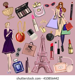 Vector set of perfume and cosmetics