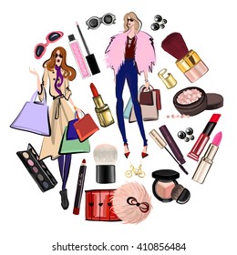 Vector set of perfume and cosmetics