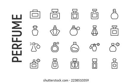 Vector set of perfume thin line icons. Design of 20 stroke pictograms. Signs of perfume isolated on a white background.