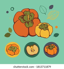 Vector set with persimmon on color background. Flat style.
Illustration for wrapping paper, post cards, prints for clothes, and emblems. Design for cosmetics, spa, health care products and perfume.
