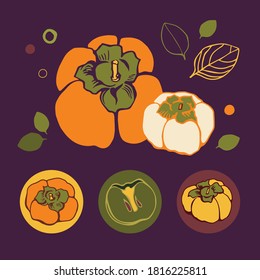 Conjunto de vectores con persimón en el fondo del color. Estilo plano.
Ilustración para envolver papel, postales, huellas para ropa y emblemas. Diseño para cosméticos, spa, productos sanitarios y perfume.