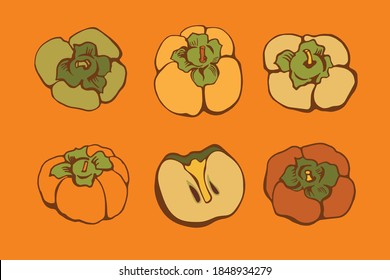 Conjunto de vectores con persimón en el fondo del color. Estilo plano.
Ilustración para envolver papel, postales, huellas para ropa y emblemas. 