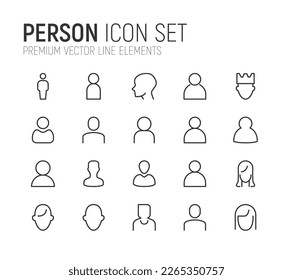 Vector set of person thin line icons. Design of 20 stroke pictograms. Signs of person isolated on a white background.
