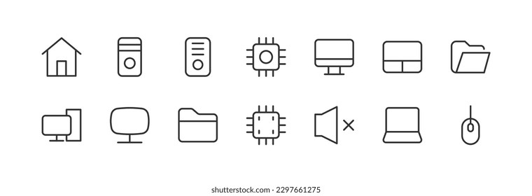 Vector set of personal computer thin line icons. Design of stroke pictograms. Signs of calendar isolated on a white background