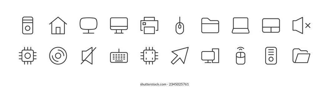 Vector set of personal computer thin line icons. Design of stroke pictograms. Signs of calendar isolated on a white background