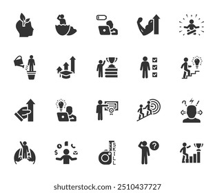 Vector set of personal growth flat icons. Contains icons upskill, career, newbie, burnout, skill improvement, efficiency, development, knowledge, education and more. Pixel perfect.