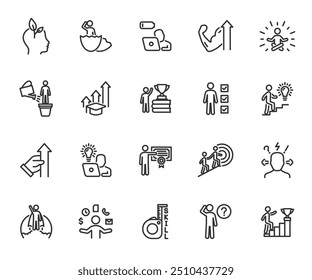 Vector set of personal growth line icons. Contains icons upskill, career, newbie, burnout, skill improvement, efficiency, development, knowledge, education and more. Pixel perfect.