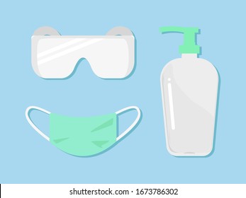 Vector set of personal Virus protective medical equipment including respiratory surgical mask, safety goggle glasses and disinfectant hand sanitizer antibacterial alcohol gel bottle for Covid concept