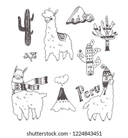 Vector set of Peru doodle symbols. Ornamental hand drawn illustration of cute lamas, plants, mountain and volcano isolated on white. South American nature elements in sketch style