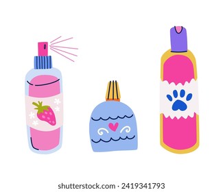 Conjunto vectorial de cosméticos para el cuidado de mascotas. Shampoo, exfoliación y pulverización de colonia. Productos para mascotas y propietarios de estilo colorido y de moda. Suministros de lavado de perros y gatos aislados 