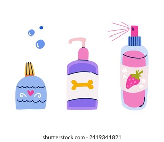 Vector set of pet care cosmetics. Conditioner, scrub and cologne spray. Products for pet groomers and owners in flat trendy colorful style. Dog and cat washing supplies isolated cliparts 