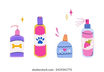 Vector set of pet care products. Shampoo, conditioner, scrub and cologne spray. Cosmetics for pet groomers and owners in flat trendy colorful style. Dog washing supplies isolated cliparts 