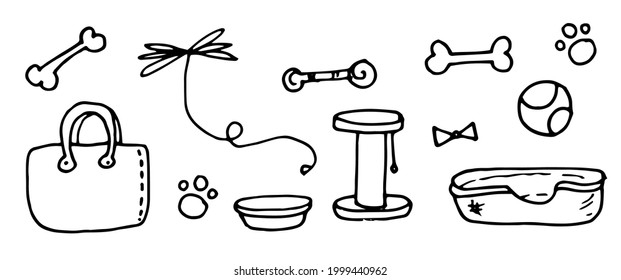 Vector set of pet elements. drawn in doodle style, a couch, a bowl, a bag, a ball, a bow on a string, a claw, a bone and a paw print are isolated black outline on a white background for a design 