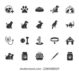 Vector set of pet flat icons. Contains icons veterinary, pet food, grooming, paw, pet house,  scratching post, collar, pet carrier and more. Pixel perfect.