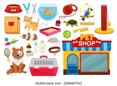 Vector set pet shop. Cartoon cute illustrations of pets and accessories.
