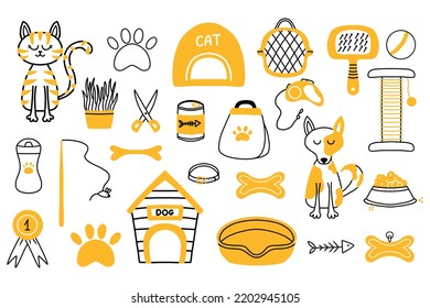 Vector set for pet shop. Collection for pets in doodle style. Accessories for pets. Food, scratching post, paw, dog, cat.