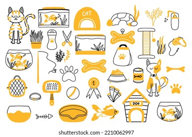 Vector set for pet shop. Collection for pets in doodle style. Accessories for pets.Caring for dogs, cats and fish.