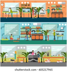 Vector set of pet shop concept posters, banners. Saleswoman, animals and people buying pets and food for them. Flat style design elements.