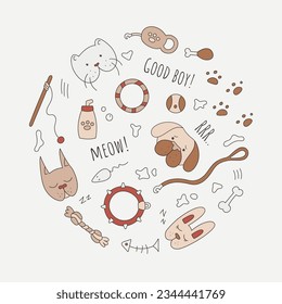 Vector set of pet shop elements in the shape of a circle. Images of animal faces, accessories for walking, feeding and other pet care in the shape of a circle.