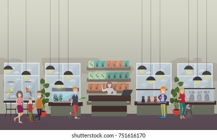 Vector set of pet shop flat style design elements. Pet store interior with tropical parrots in cages, domestic animals, pet products, saleswoman selling kitten, puppy and lizard.