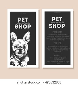 Vector set of pet shop flyers. Dog portrait isolated on black square text template. Black informational list. Use for pet clinic, store, food market, veterinary pharmacy, advertising, sale, discount