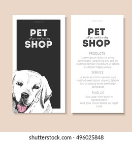 Vector set of pet shop flyers. Dog portrait isolated on black square text template. White informational list. Use for pet clinic, store, food market, veterinary pharmacy, advertising, sale, discount