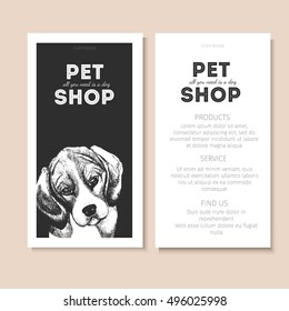 Vector set of pet shop flyers. Dog portrait isolated on black square text template. White informational list. Use for pet clinic, store, food market, veterinary pharmacy, advertising, sale, discount