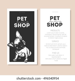 Vector set of pet shop flyers. Dog portrait isolated on black square text template. White informational list. Use for pet clinic, store, food market, veterinary pharmacy, advertising, sale, discount